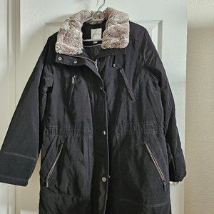 Heavily insulated winter coat with detachable hood.